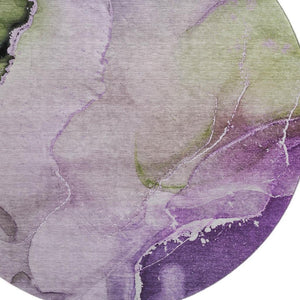 HomeRoots 8' Stylish Purple, Ivory & Green Abstract Washable Round Rug – UV Protected, Family-Friendly Design! 647341