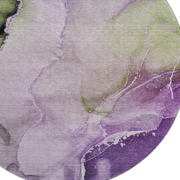 HomeRoots 8' Stylish Purple, Ivory & Green Abstract Washable Round Rug – UV Protected, Family-Friendly Design! 647341