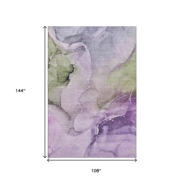 HomeRoots 9' X 12' Abstract Area Rug in Purple, Ivory & Green - Stain Resistant, UV Protected, Modern Design 647343