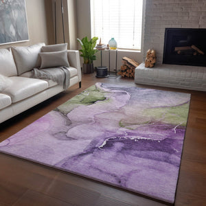 HomeRoots 9' X 12' Abstract Area Rug in Purple, Ivory & Green - Stain Resistant, UV Protected, Modern Design 647343