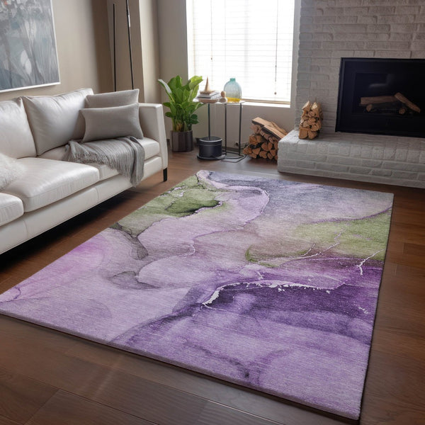 HomeRoots 9' X 12' Abstract Area Rug in Purple, Ivory & Green - Stain Resistant, UV Protected, Modern Design 647343