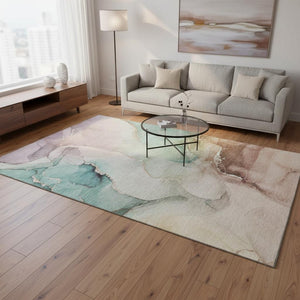 HomeRoots 5' X 8' Teal Ivory Brown Abstract Area Rug - Washable, UV-Protected, Durable Design for Every Home 647346