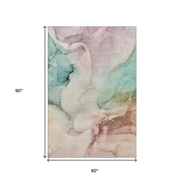HomeRoots 5' X 8' Teal Ivory Brown Abstract Area Rug - Washable, UV-Protected, Durable Design for Every Home 647346
