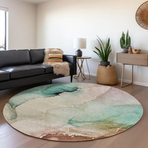HomeRoots 8' Teal, Ivory & Brown Abstract Washable Round Rug - Durable, UV-Protected & Easy-Care Design! 647347