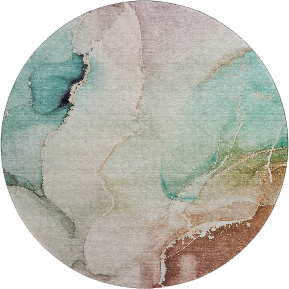 HomeRoots 8' Teal, Ivory & Brown Abstract Washable Round Rug - Durable, UV-Protected & Easy-Care Design! 647347