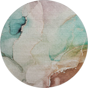 HomeRoots 8' Teal, Ivory & Brown Abstract Washable Round Rug - Durable, UV-Protected & Easy-Care Design! 647347