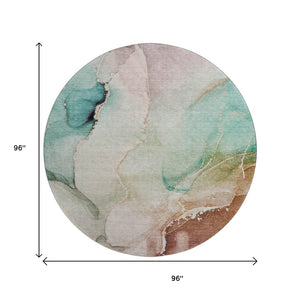 HomeRoots 8' Teal, Ivory & Brown Abstract Washable Round Rug - Durable, UV-Protected & Easy-Care Design! 647347