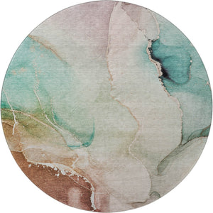 HomeRoots 8' Teal, Ivory & Brown Abstract Washable Round Rug - Durable, UV-Protected & Easy-Care Design! 647347