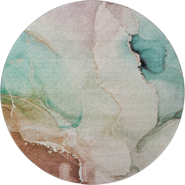 HomeRoots 8' Teal, Ivory & Brown Abstract Washable Round Rug - Durable, UV-Protected & Easy-Care Design! 647347