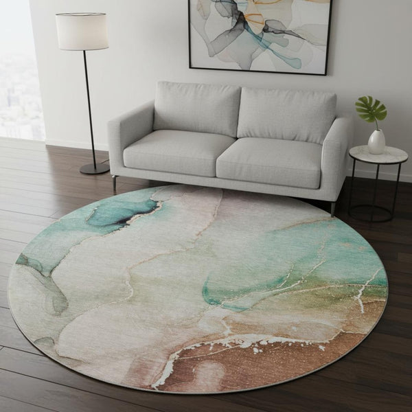 HomeRoots 8' Teal, Ivory & Brown Abstract Washable Round Rug - Durable, UV-Protected & Easy-Care Design! 647347
