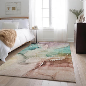 HomeRoots 10' X 14' Teal Ivory Brown Abstract Washable Area Rug - Durable, Stain-Resistant, UV Protected Design 647350