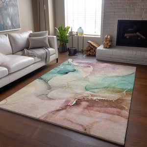 HomeRoots 10' X 14' Teal Ivory Brown Abstract Washable Area Rug - Durable, Stain-Resistant, UV Protected Design 647350