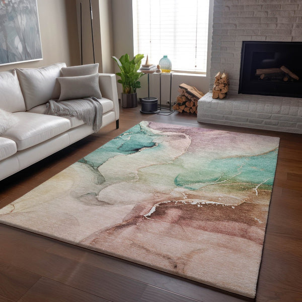 HomeRoots 10' X 14' Teal Ivory Brown Abstract Washable Area Rug - Durable, Stain-Resistant, UV Protected Design 647350