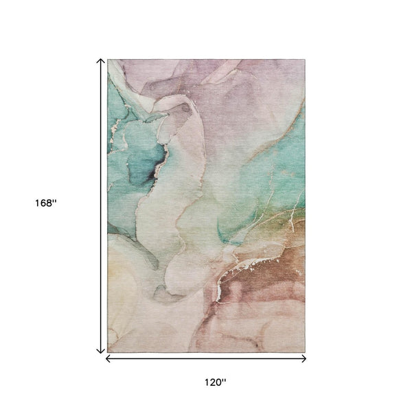 HomeRoots 10' X 14' Teal Ivory Brown Abstract Washable Area Rug - Durable, Stain-Resistant, UV Protected Design 647350