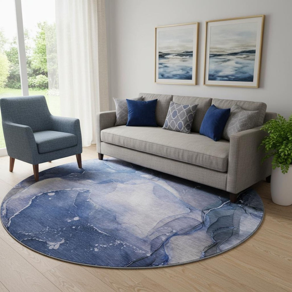 HomeRoots 8' Washable Round Rug in Blue, Ivory & Charcoal - Stylish, Durable Design with UV Protection! 647353