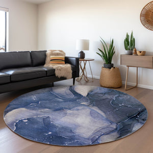 HomeRoots 8' Washable Round Rug in Blue, Ivory & Charcoal - Stylish, Durable Design with UV Protection! 647353