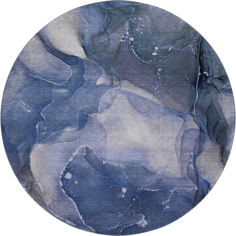 HomeRoots 8' Washable Round Rug in Blue, Ivory & Charcoal - Stylish, Durable Design with UV Protection! 647353