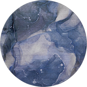 HomeRoots 8' Washable Round Rug in Blue, Ivory & Charcoal - Stylish, Durable Design with UV Protection! 647353