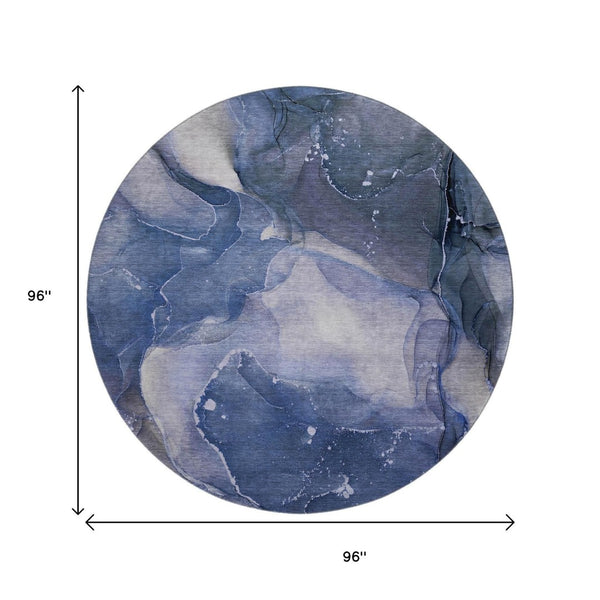 HomeRoots 8' Washable Round Rug in Blue, Ivory & Charcoal - Stylish, Durable Design with UV Protection! 647353