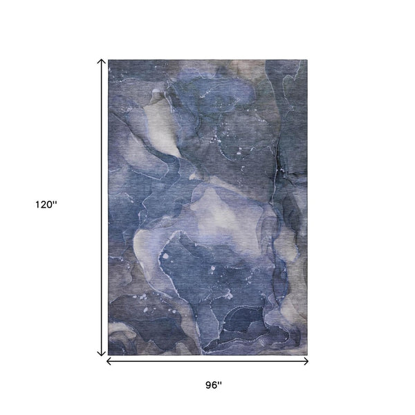 HomeRoots 8' X 10' Blue Ivory Charcoal Abstract Washable Area Rug with UV Protection for Modern Homes 647354