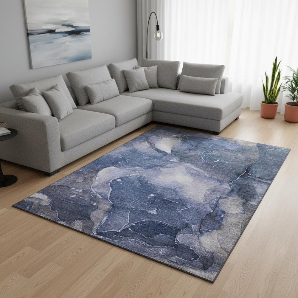 HomeRoots 8' X 10' Blue Ivory Charcoal Abstract Washable Area Rug with UV Protection for Modern Homes 647354