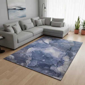 HomeRoots 8' X 10' Blue Ivory Charcoal Abstract Washable Area Rug with UV Protection for Modern Homes 647354