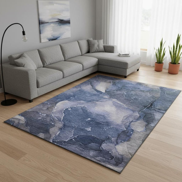 HomeRoots 9' Washable Blue Ivory Charcoal Abstract Area Rug with UV Protection for Stylish, Active Homes 647355