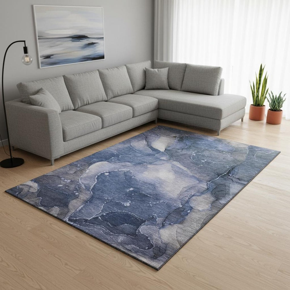 HomeRoots 10' X 14' Modern Abstract Area Rug in Blue, Ivory & Charcoal – Stain-Resistant & UV Protected Design 647356