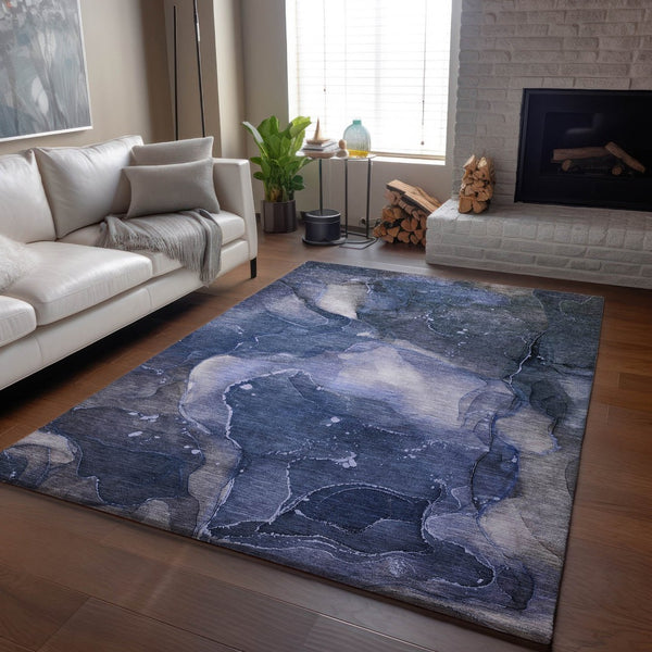 HomeRoots 10' X 14' Modern Abstract Area Rug in Blue, Ivory & Charcoal – Stain-Resistant & UV Protected Design 647356