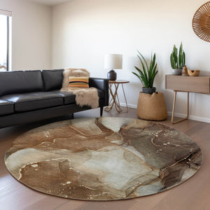 HomeRoots 8' Brown Ivory and Gray Abstract Washable Round Rug - UV Protected, Stylish & Durable for Any Room 647359