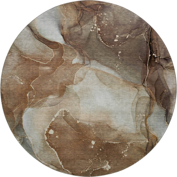 HomeRoots 8' Brown Ivory and Gray Abstract Washable Round Rug - UV Protected, Stylish & Durable for Any Room 647359