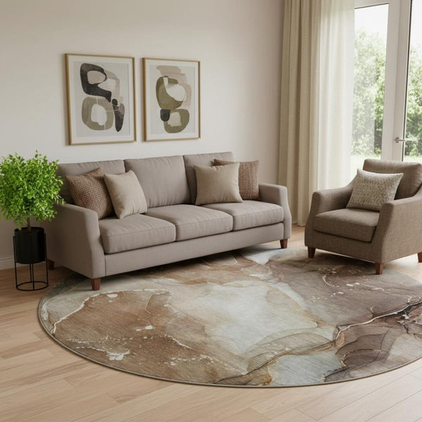 HomeRoots 8' Brown Ivory and Gray Abstract Washable Round Rug - UV Protected, Stylish & Durable for Any Room 647359