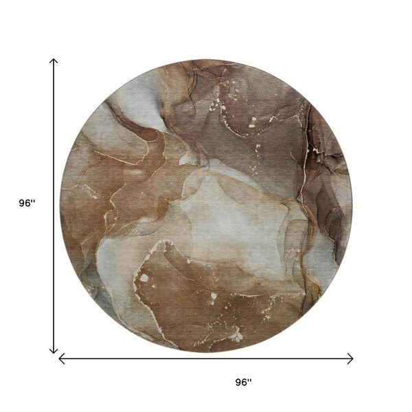 HomeRoots 8' Brown Ivory and Gray Abstract Washable Round Rug - UV Protected, Stylish & Durable for Any Room 647359