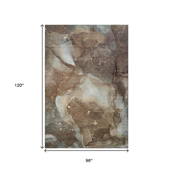 HomeRoots 8' X 10' Modern Brown Ivory Gray Abstract Washable Area Rug - Stain Resistant & UV Protected! 647360