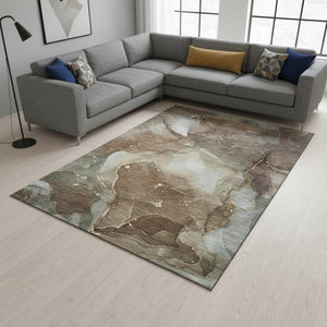 HomeRoots 8' X 10' Modern Brown Ivory Gray Abstract Washable Area Rug - Stain Resistant & UV Protected! 647360
