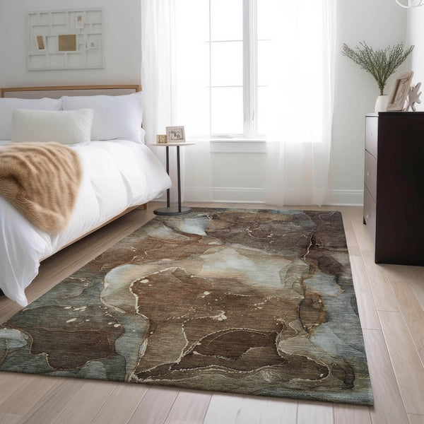 HomeRoots 8' X 10' Modern Brown Ivory Gray Abstract Washable Area Rug - Stain Resistant & UV Protected! 647360