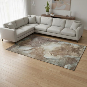 HomeRoots 9' X 12' Abstract Brown Ivory Gray Washable Area Rug with UV Protection for Busy Homes & Style 647361