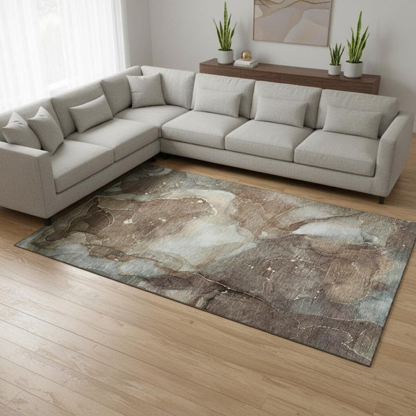 HomeRoots 10' Modern Abstract Washable Area Rug in Brown, Ivory & Gray - UV Protected, Stain-Resistant Design 647362