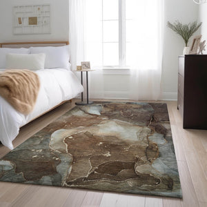 HomeRoots 10' Modern Abstract Washable Area Rug in Brown, Ivory & Gray - UV Protected, Stain-Resistant Design 647362