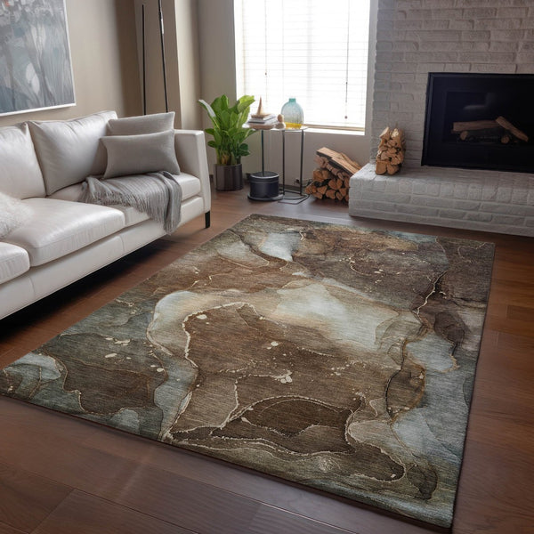 HomeRoots 10' Modern Abstract Washable Area Rug in Brown, Ivory & Gray - UV Protected, Stain-Resistant Design 647362