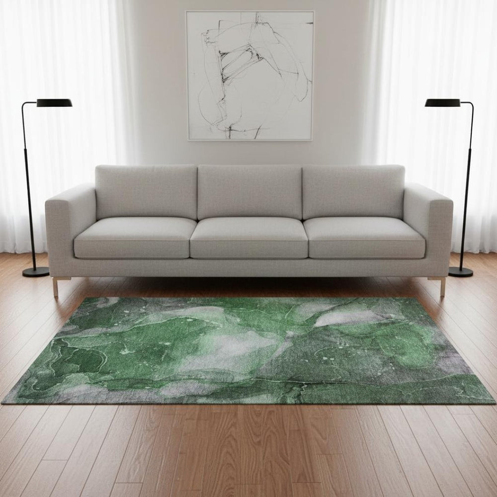 HomeRoots 5' X 8' Modern Abstract Washable Area Rug in Emerald, Ivory & Gray with UV Protection & Stain Resistance 647364