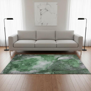 HomeRoots 5' X 8' Modern Abstract Washable Area Rug in Emerald, Ivory & Gray with UV Protection & Stain Resistance 647364