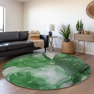 HomeRoots 8' Modern Abstract Round Rug in Emerald, Ivory & Gray - Washable, UV-Protected, Durable & Stylish 647365