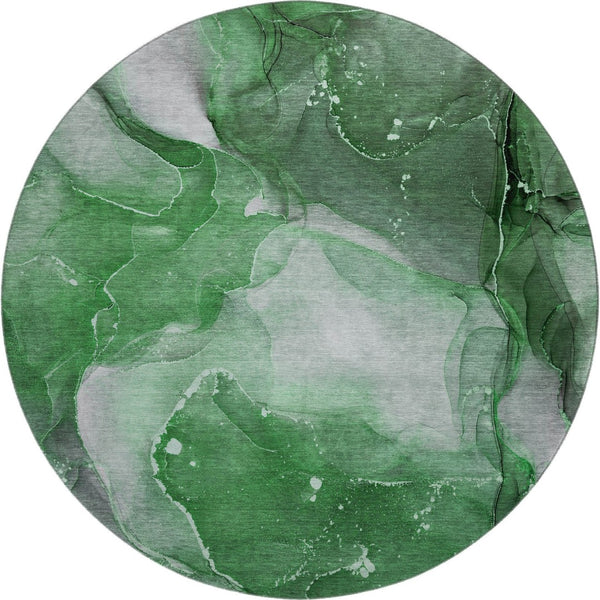 HomeRoots 8' Modern Abstract Round Rug in Emerald, Ivory & Gray - Washable, UV-Protected, Durable & Stylish 647365