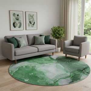 HomeRoots 8' Modern Abstract Round Rug in Emerald, Ivory & Gray - Washable, UV-Protected, Durable & Stylish 647365