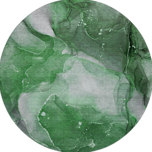HomeRoots 8' Modern Abstract Round Rug in Emerald, Ivory & Gray - Washable, UV-Protected, Durable & Stylish 647365