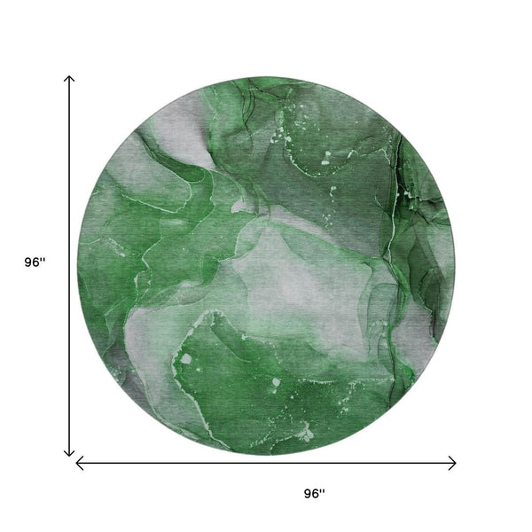 HomeRoots 8' Modern Abstract Round Rug in Emerald, Ivory & Gray - Washable, UV-Protected, Durable & Stylish 647365