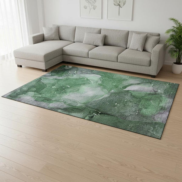 HomeRoots 8' X 10' Contemporary Emerald Ivory Gray Abstract Washable Area Rug with UV Protection & Durability 647366