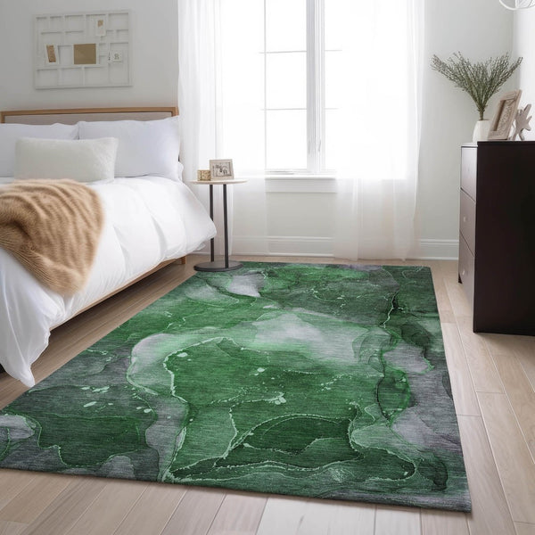 HomeRoots 8' X 10' Contemporary Emerald Ivory Gray Abstract Washable Area Rug with UV Protection & Durability 647366