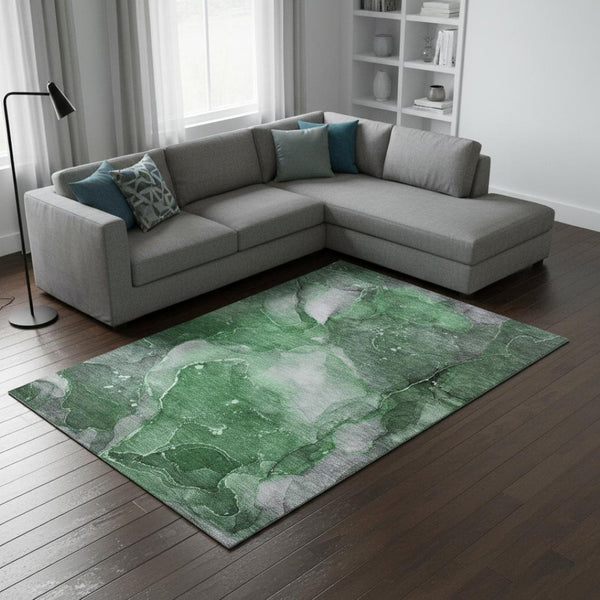 HomeRoots 9' X 12' Abstract Emerald Ivory Gray Washable Area Rug – UV Protected for High-Traffic Homes 647367